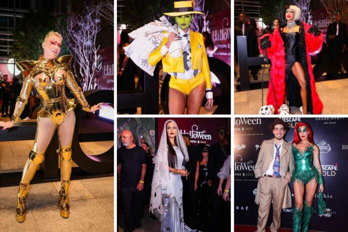 fotomontagem de xuxa meneghel, deborah secco, brunna gonçalves, ivete sangalo, joão guilherme silva e schynaider moura no baile de halloween da sephiora