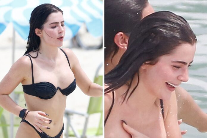 Jade Picon quase mostra demais em dia de praia
